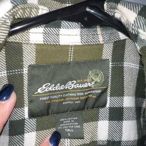 Eddie Bauer Green and White Plaid Flannel Button Down Shirt